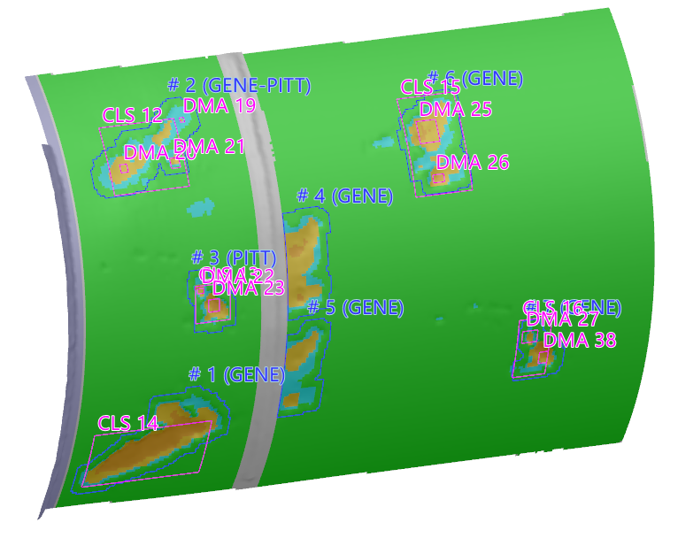外部腐蚀图案的叠加,这是通过将 3D 扫描数据与 ILI 数据相关联来实现的,其中可能有位置偏移。有三个图案显示了严重的损坏。