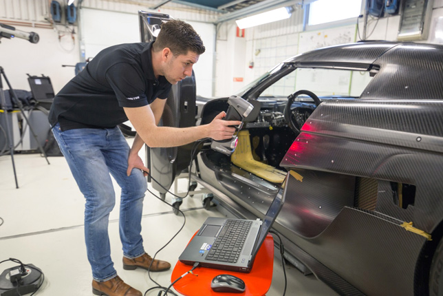 For quality control or engineering projects, HandySCAN 3D enables users to reduce turnaround times and increase profitability. Shown above scanning the body of a Koenigsegg Regera