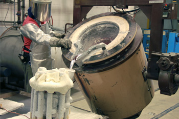 Operator pours melted aluminum during the investment casting process